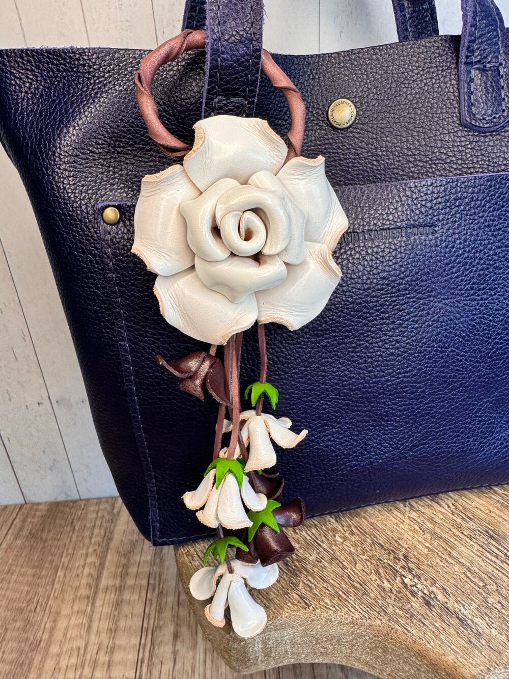 Leather White Rose Purse Charm Genuine Leather Flower Bag Charm NEW FAST SHIP
